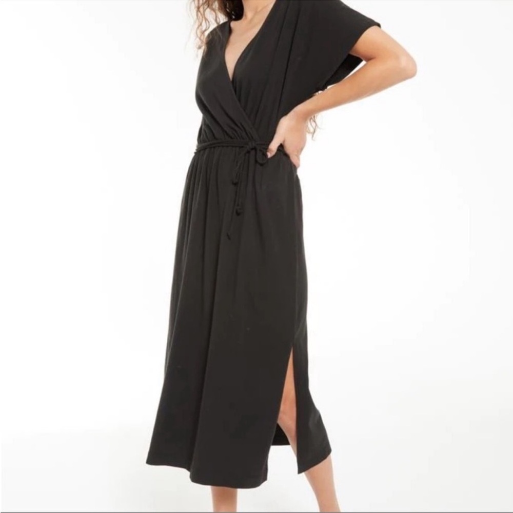 Z Supply Black Wrap Midi Dress with Tie Front